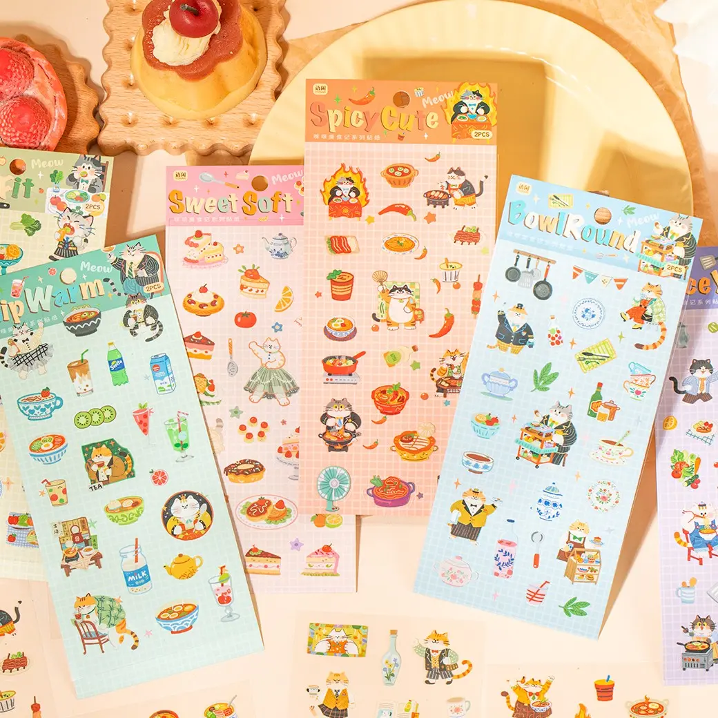6 Bags Sticker Pack, Mimi Food Diary Series Cat and Food Theme Stickers, Hand Account Stationery Water Bottle Decorative Stickers