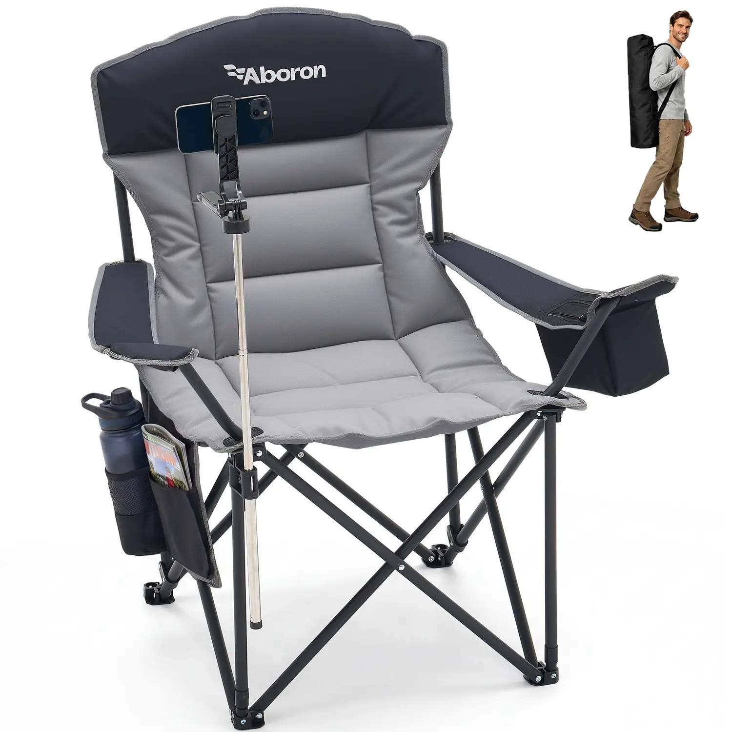 ABORON Padded Camping Chair with Phone Holder, Folding Portable Outdoor Chair Support 600 lbs, Lawn Chair with Cooler Bag, Cup Holder & Side Pocket for Camping, Beach, Sports tiktokshopbacktoschool