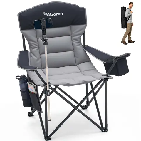 ABORON Padded Metal Frame Foldable Folding Chair - Portable Oxford Camping Equipment with Phone Holder, Cooling Cooler Bag, Cup Holder, Side Pocket, 600 lbs Capacity for Camping, Beach