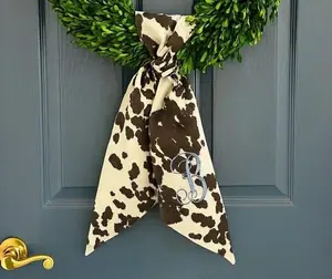 brown monogrammed sash for front door, personalized hide animal print embroidered autumn wreath sash, custom wedding bridal shower gift