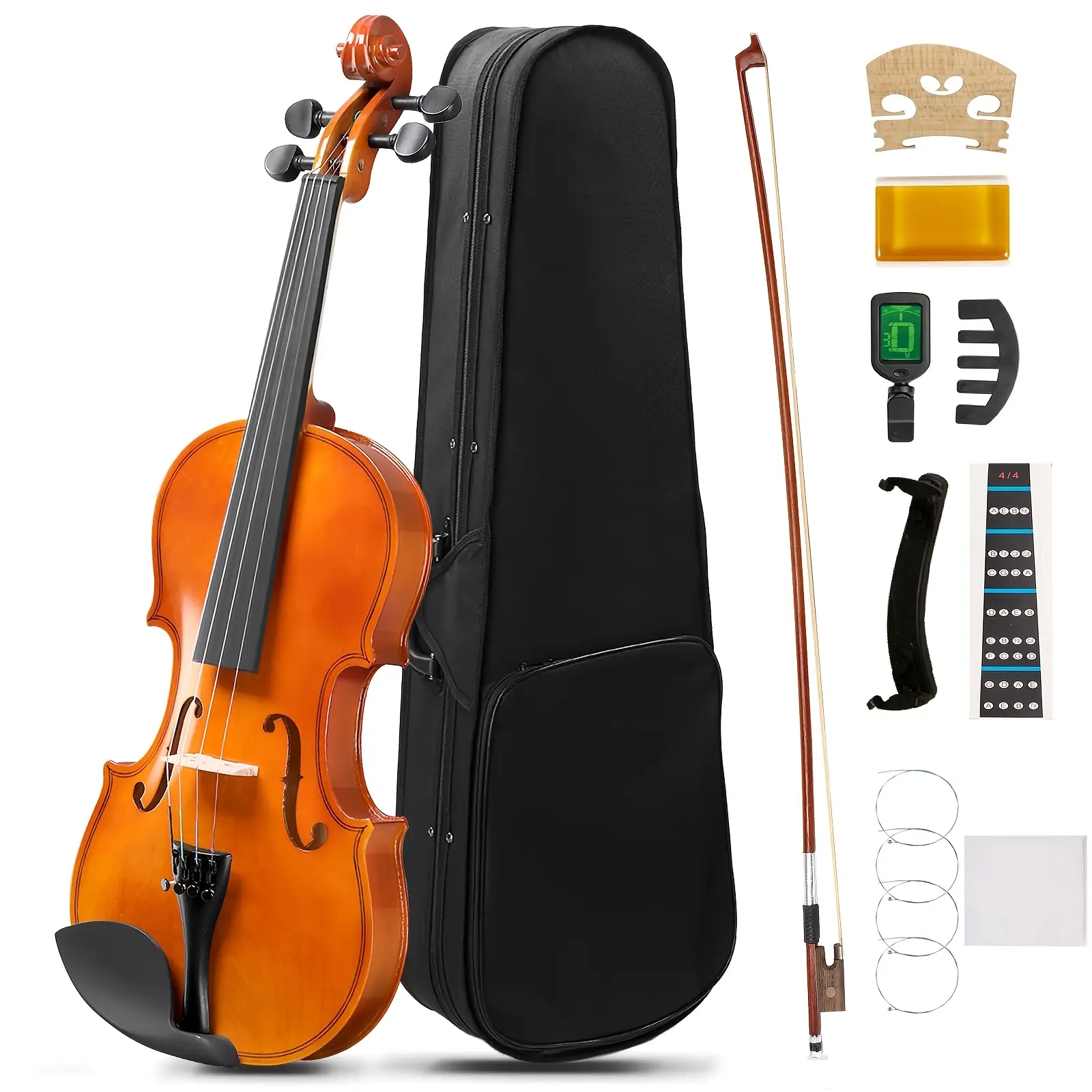 Beginner'S 4/4 Violin Set, Complete Package Including Travel Case, Bow, Extra Strings, Mute, Tuner, Shoulder Rest, And Cleaning Cloth for Students And Adults