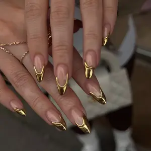 3D Gold Drip French Press on Nails, Metallic Gold Tips on Nude Pink, Luxury Stiletto False Nails, Hand Painted Glam Nails for Party