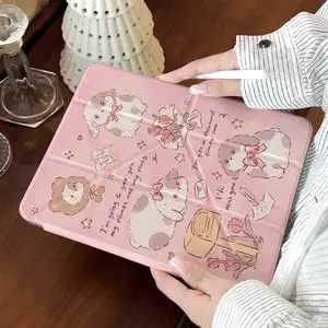 iPad Cozy Style Cute Bunny Sticker Art Case, 3 Fold Y Fold Design, Built in Pencil Holder, Clear Acrylic Shell, Fits Various Models, Tablet Accessories, Tablet Cover