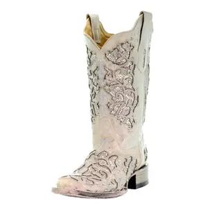 Corral White Leather Glitter Inlay Square Toe Boot with Crystals