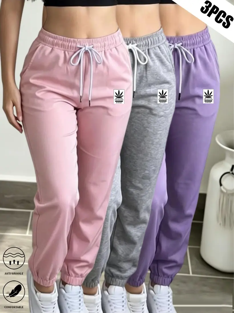 Clean Gent 3-Pack Women’s Lightweight Cuffed Casual Joggers; all-season drawstring design with stylish print detailing; cuffed casual pants suitable for outdoor sports and everyday wear; summer vibe; stretchy fabric.Casual sportswear (new autumn arrivals)