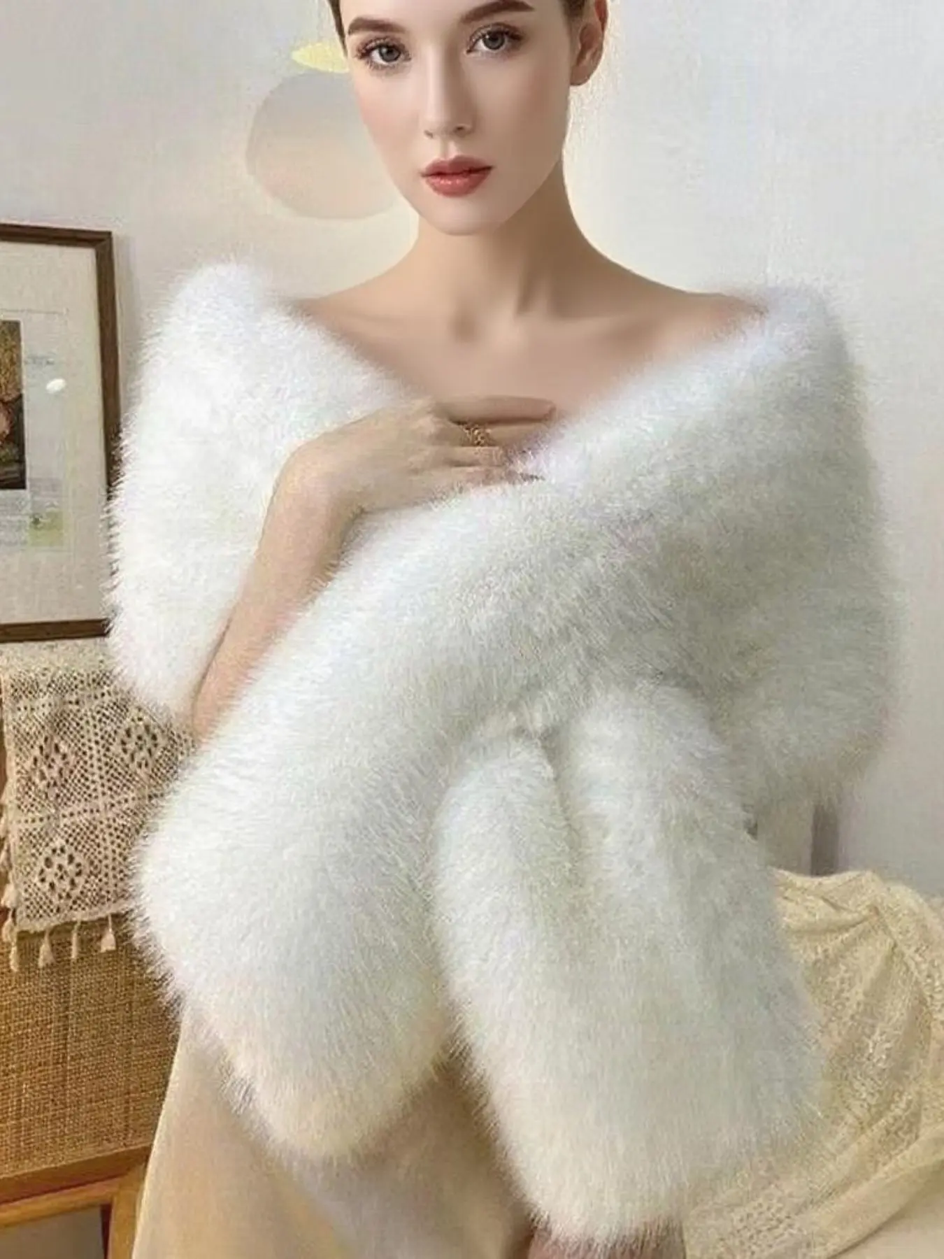 Women's Fashion New Shawl, Winter Party Banquet Faux Fur Wrap, Thick Warm Windproof Scarf, Poncho Stylish and Cozy Accessories Crossed shawl, Fluffy Soft Scarf, Polyester Scarf