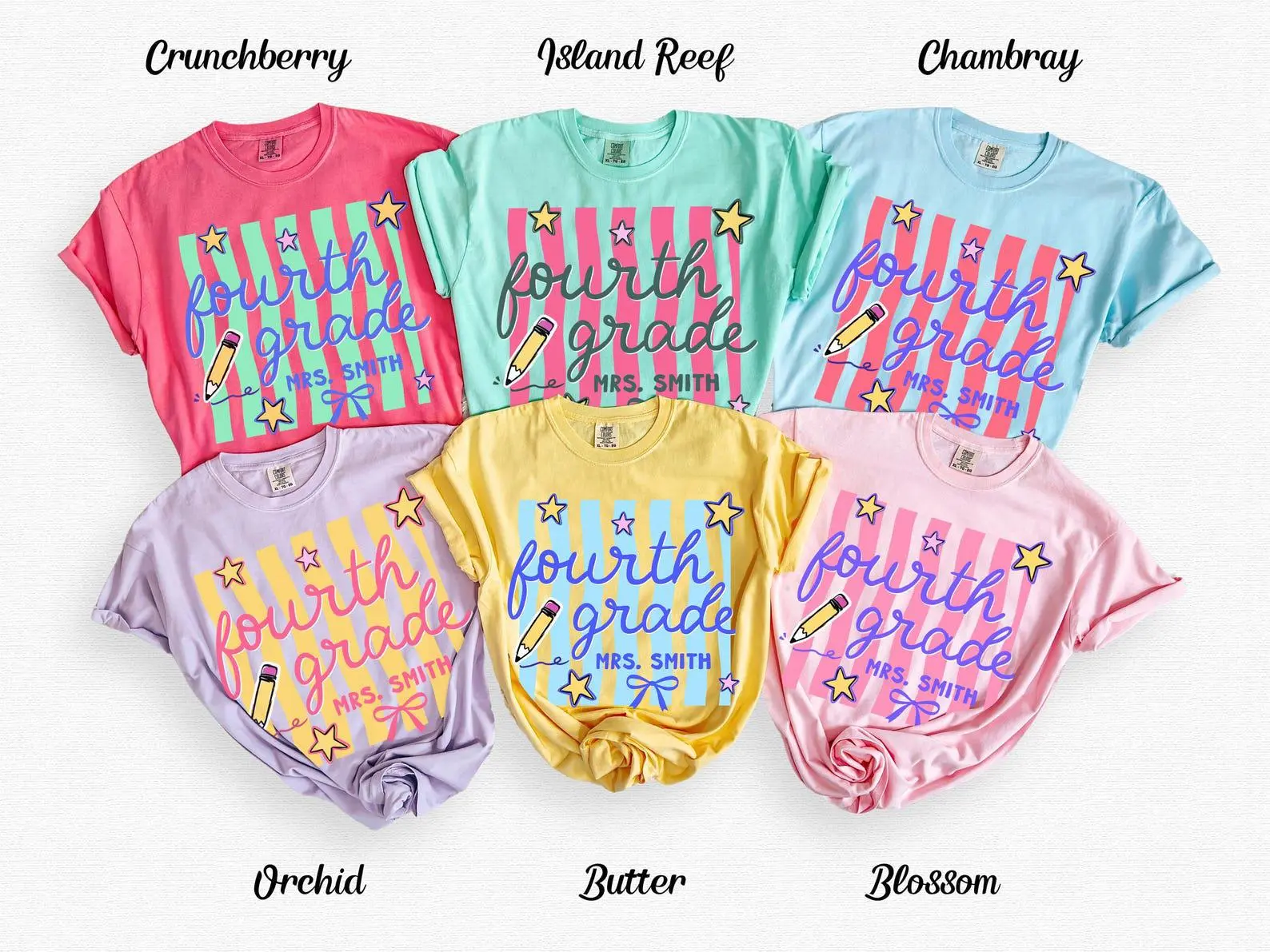 Fourth Grade Teacher Comfort Colors Shirt, Personalized 4th Grade Teacher Retro Wavy Stripes Tee, Custom Fourth Grade Teacher Gifts