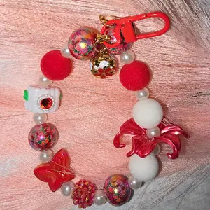 Fancy Flower & Butterfly Keychain - Elegant Keychain with Red & White Flowersand beads, and Decorative Elements.