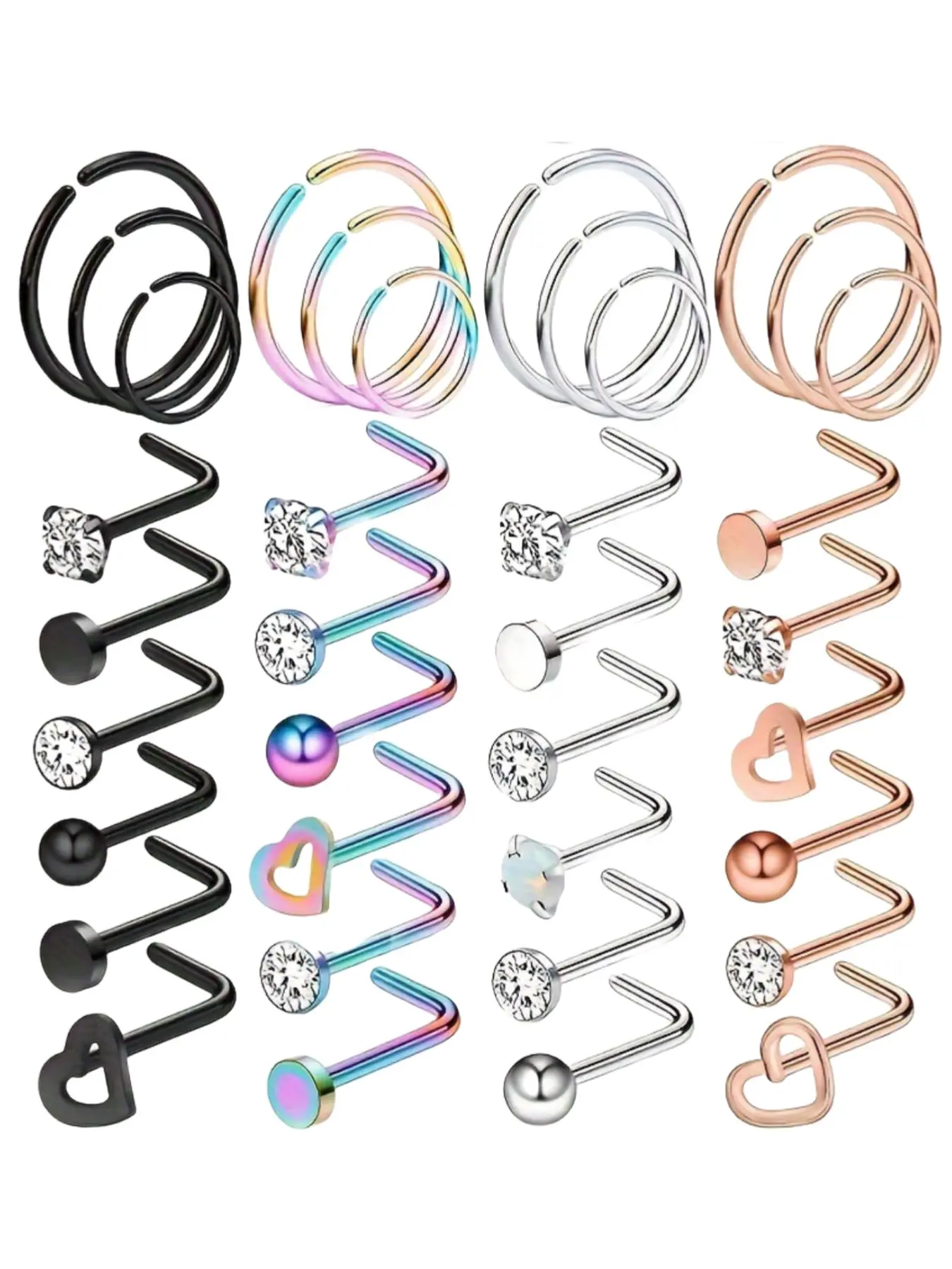 36-Piece Fashion Spiral Nose Ring Set, Synthetic Zircon Inlay, Stainless Steel, Body Jewellery, Body Piercing Jewelry Kit, Women's Daily Wear, Nose Piercings Kit, Nose Rings Set