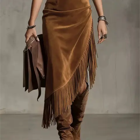 Women's Western Style Irregular Design Fringe Skirt, Country Skirt, Loose Western Skirt, Boho Hippie Pure Color Casual Fashion Clothing for Women, Womenswear