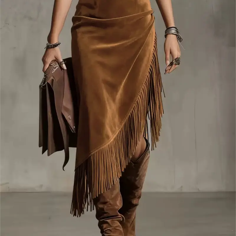 Women's Western Style Irregular Design Fringe Skirt, Country Skirt, Loose Western Skirt, Boho Hippie Pure Color Casual Fashion Clothing for Women, Womenswear
