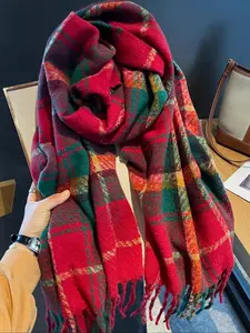 Women's Plaid Print Scarf, Casual Soft Warm Tassel Decor Shawl for Fall & Winter, Fashion Accessories for Daily Wear