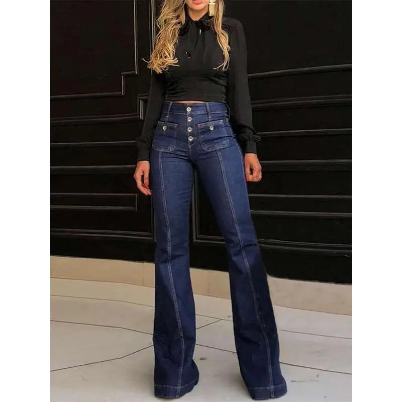 Women's Plain Button Pocket Flare Leg Vintage Jeans, Casual Bell Bottoms 80s Trousers for Daily Wear, Fall Pants, Ladies Flared Pants for Fall, Downtown Girl Clothes, Downtown Girl Clothes Bell Bottoms Pants,  Flared Pants