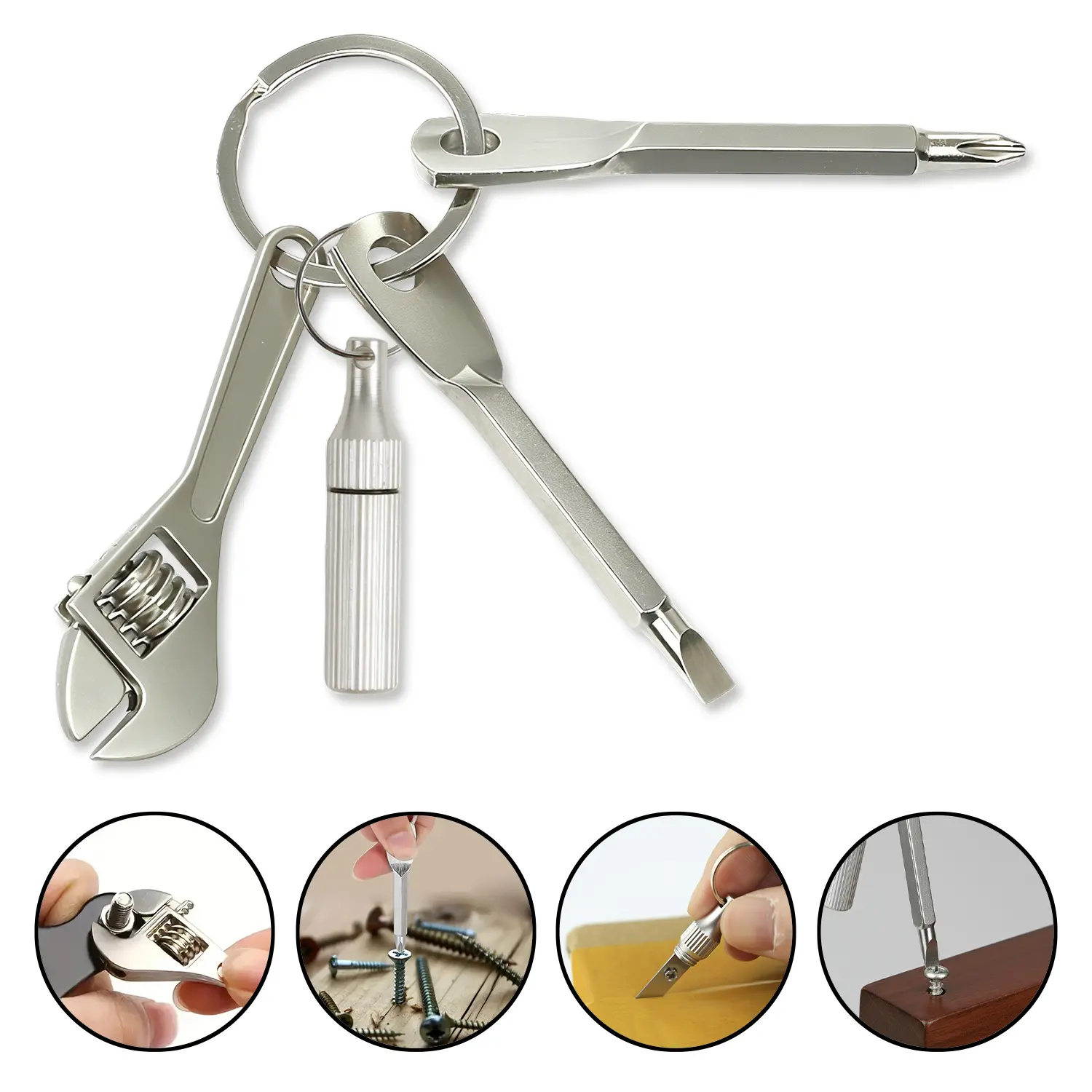 4-in-1 Portable Mini Keyring Multitool Set for EDC Users - Tools and Gadgets with Adjustable Wrench, Phillips Screwdriver, Flathead Screwdriver, Package Opener - Mini Useful Items for Home/Bike Daily Use