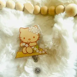 BADGE REEL-Hawaii Kitty Retractable Badge Reel, Lei Making Kitty, Hawaii Inspired, Alligator Clip, Swivel Clip, Plumeria Kitty