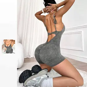 Women's Washed Ribbed One Piece Romper, Sleeveless Backless Workout Bodysuit, Butt Lifting Shorts Jumpsuit for Gym Yoga