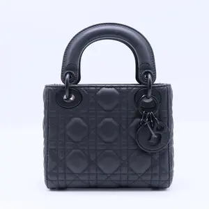 Pre-owned Dior Leather Top Handle Bag  Mini Lady handbag Black matte calfskin with cannage pattern Twins LDJ4277