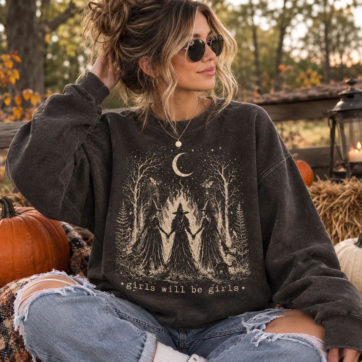 Girls Will Be Girls Witch Sweatshirt, Vintage Coven Crescent Moon Crewneck, Gothic Spooky Season Pullover, Dark Academia Halloween Sweater, Witchy Sisterhood Gift