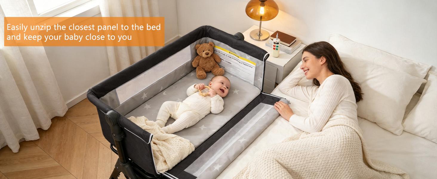 【SummerVibes】 Portable Baby Bed 6-in-1 - Foldable Crib w/ 6 Height Adjustments, Bedside Sleeper, Rocker & Bassinet + Storage Basket & Mattress & Ultra-Quiet Wheels , Nursery Must-Have Folding Sleeping Cot