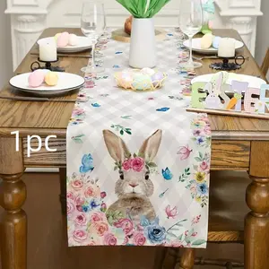 Easter Rabbit Table Runner with Floral Check Pattern, Spring Holiday Kitchen Dining Cover, Perfect for Easter Party Decoration