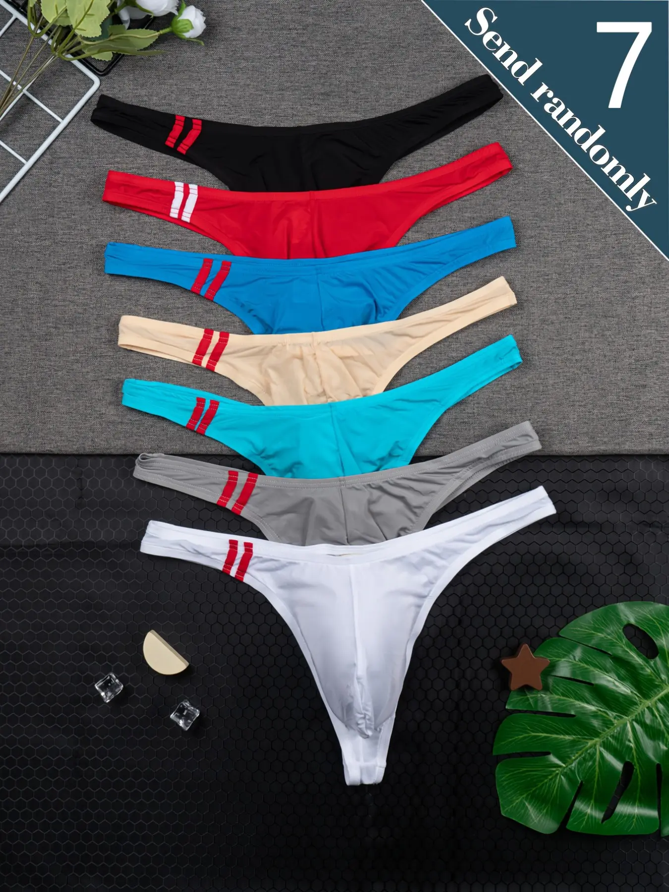 7-piece set, men's stretchy, simple, casual thong underwear, triangle underwear, solid-colored, breathable, comfortable, smooth-fitting thong underwear, Knit fabric underwear