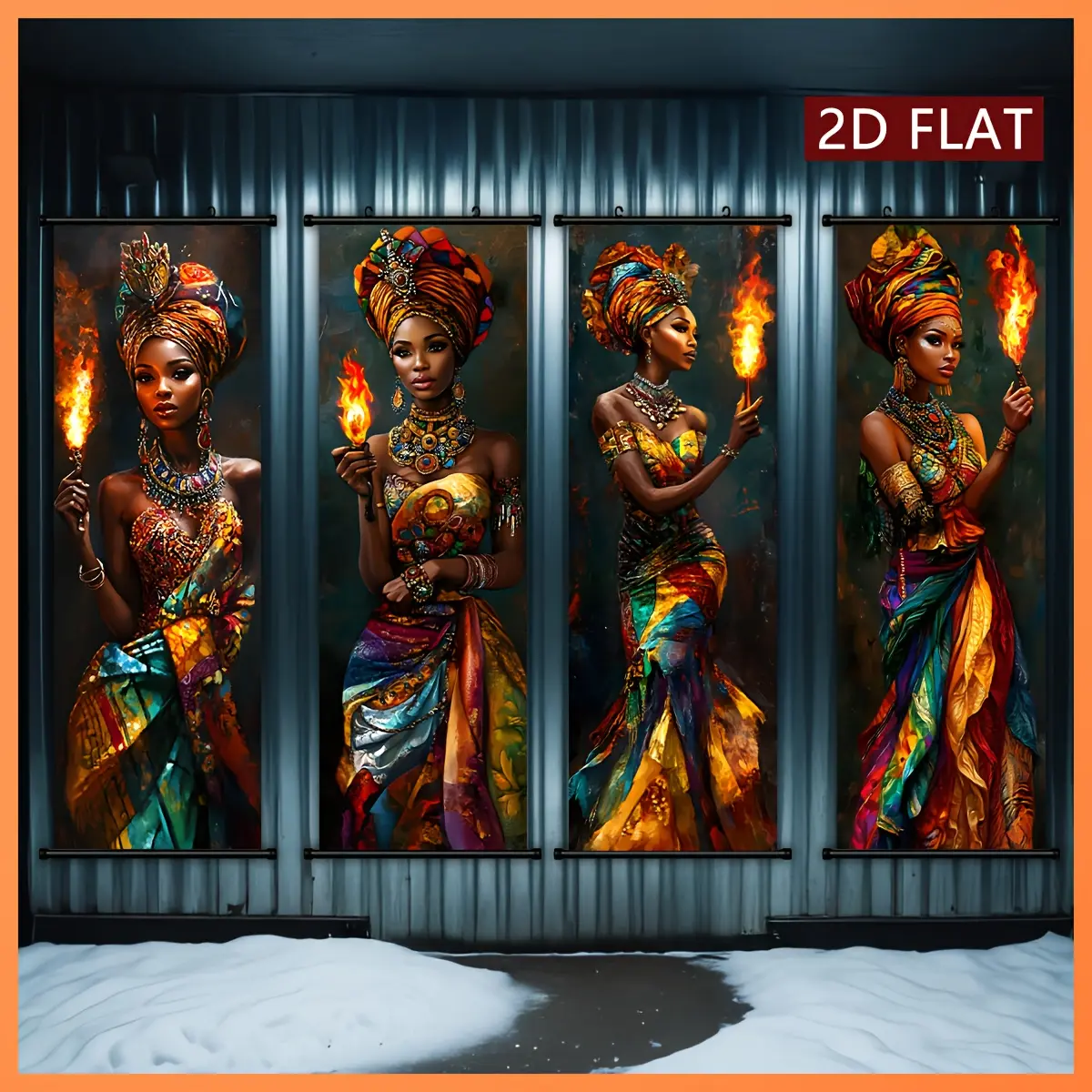 2D Flat African-Themed Art Set, 4-Piece Modern Wall Home Decor, Vibrant Figures & Dancing Flames, Ideal for Living Room, Hallway, Creative Gift Idea