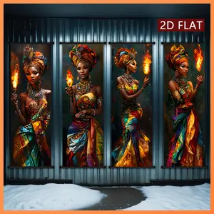 2D Flat African-Themed Art Set, 4-Piece Modern Home Decor, Vibrant Figures & Dancing Flames, Ideal for Living Room, Hallway, Creative Gift Idea