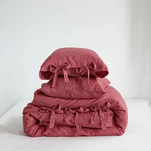Linen Duvet Cover Set, 3 count Belgian Flax Breathable Bedding,  Size 104''x92'' (1 Comforter Cover+2 Pillowshams) with Tie Closure Style, Red
