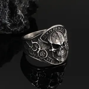 Trendy retro punk stainless steel men's ring, personalized motorcycle style skull ring, hip-hop minimalist ring