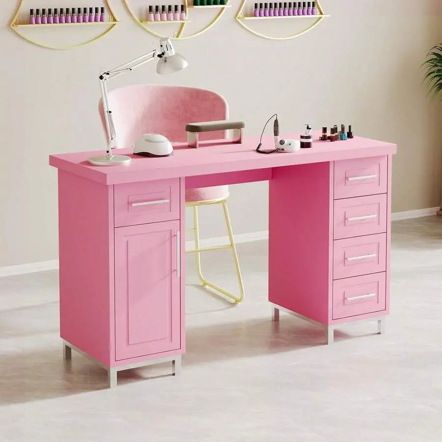 43-Inch Rectangular Composite Wood Manicure Table - Pink/Black/White Salon Furniture, Nail Tech Desk with 5 Drawers, Cabinet, Shelf Fits Kits, Metal Legs, Easy Setup, Sturdy Storage for Professional Use, 5‑Drawer Order