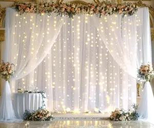 Tulle Backdrop Curtain with Lights String 30x10ft White Sheer for Weddings Baby Showers Birthdays 6 Panels Anniversary Decorations Supplies Ceremony Nature Ornaments Banners