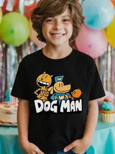 Tween Boys/Girls Summer Shirts Dog Man Cotton Graphic Tees, Black Casual Style Summer Tops With Comic Pattern, Gift For Birthday, Funny Fashion Boys Graphic Tees & Tween Girl Clothes