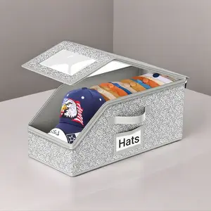 Stackable Hat Storage Boxes for Baseball Caps,Hat Storage Box with Clear Window, Durable Cardboard Box for Men, Classic Style, Wardrobe OrganizerClear Window Cap Storage Container with Handle