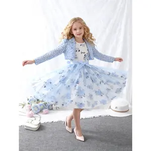(New)Girls' Autumn 2pcs Set: V-Neck Floral Print Long-Sleeve Outer Jacket and Rose Print Vest Dress with Spliced Mesh, Belt Included. A Stylish and Versatile Choice, Perfect for Daily Casual Wear, Outdoor Outings, Gatherings, Parties, and Other Special