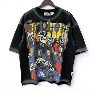 Men Women Cartoon Graphic Letter Rhinestone T-Shirt Washed Black Dirty Oversized Tee Full Ink Splash Print Cotton Unisex Streetwear Aesthetic Summer Outfit Trendy Top