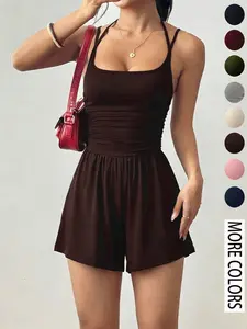 Women's Summer 2026 New Style Halter Top Sleeveless, Casual Wrap Front One-Piece Shorts, Wide Leg Loose Fit, European and American Fashion, Aesthetic, Chic, Womenswear