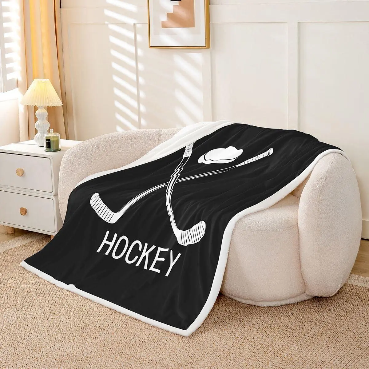 Kids Ice Hockey Sherpa Blanket,Black And White Fleece Blanket Sports Games Theme Throw Blanket Ice Hockey Bedroom Decorations,Winter Event Puck Fuzzy Blanket,Ice Hockey Gifts For Men
