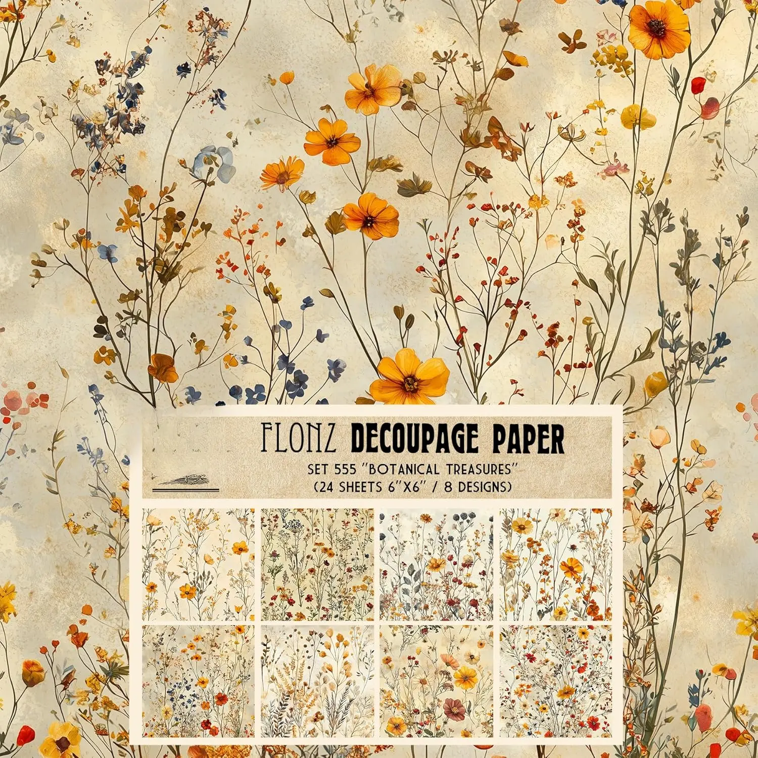 Decoupage Paper Pack (24 Sheets 6"x6") Botanical Treasures: Elegant Blooms for Rustic and -Inspired Craft Projects #  Styled Paper for Craft and Scrapbooking