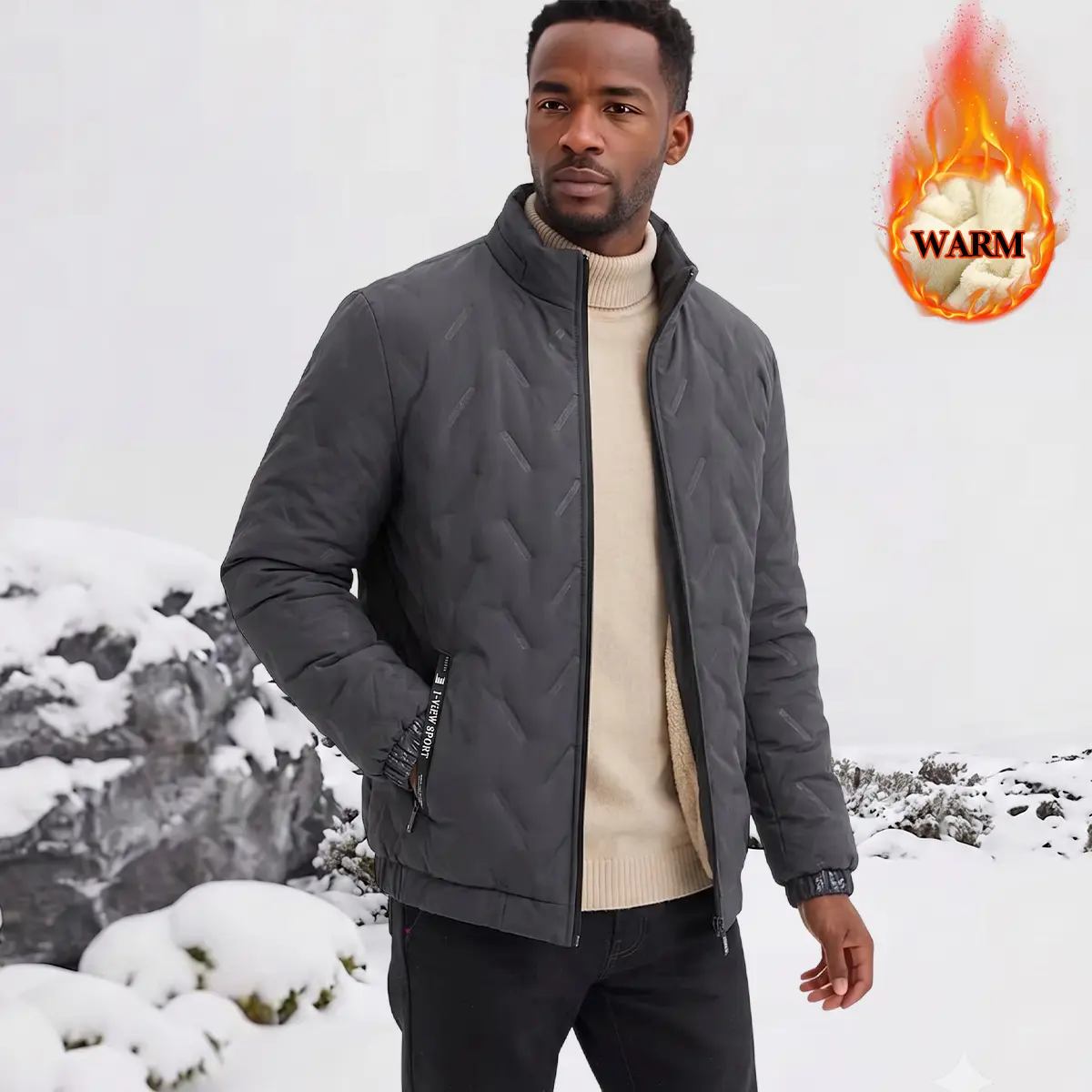 Men's thermo-quilted coat with stand collar and full zip, fleece inside – perfect for commutes, camping, or casual outings – poly fabric, non-bulky & easy-care – cozy, rugged, and always reliable.