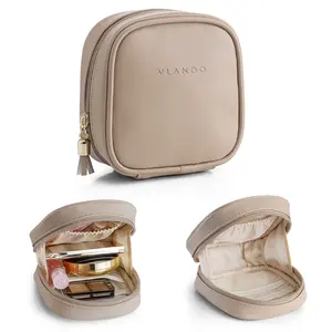 VLANDO Mini Makeup Bag for Purse | Small Travel Cosmetic Pouch with Pockets – Toffee