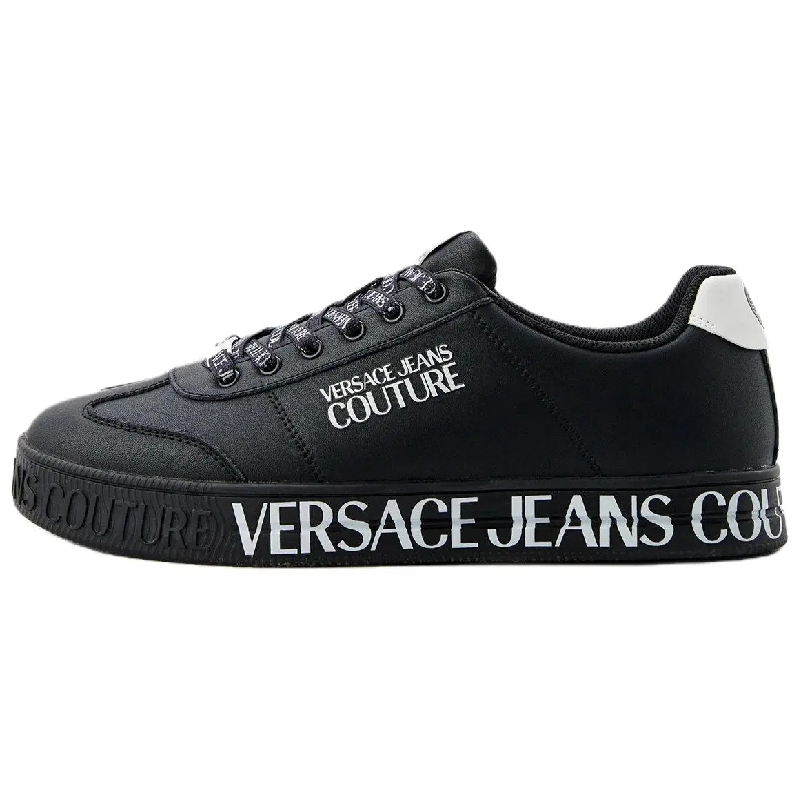 VERSACE JEANS Couture Men's Black Leather Lace-Up Low-Top Sneakers - Casual Walking Shoes, Trainer Footwear, House White Official Style (Excludes Maison Mihara Reference Due to Isolated Fragment Issue)