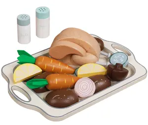Wooden Chicken Playset for Kids Age 3+, Pretend Cooking Play Food Set with Chicken, Carrots, Lemon, Mushroom, Salt & Pepper Shakers, Montessori Kitchen Toy, Educational Role Play Gift