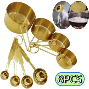 8PCS Stainless Steel Measuring Cup and Spoon Set, Stackable, Long Handle for Narrow Bottles,Gold Kitchen Utensils for and Cooking
