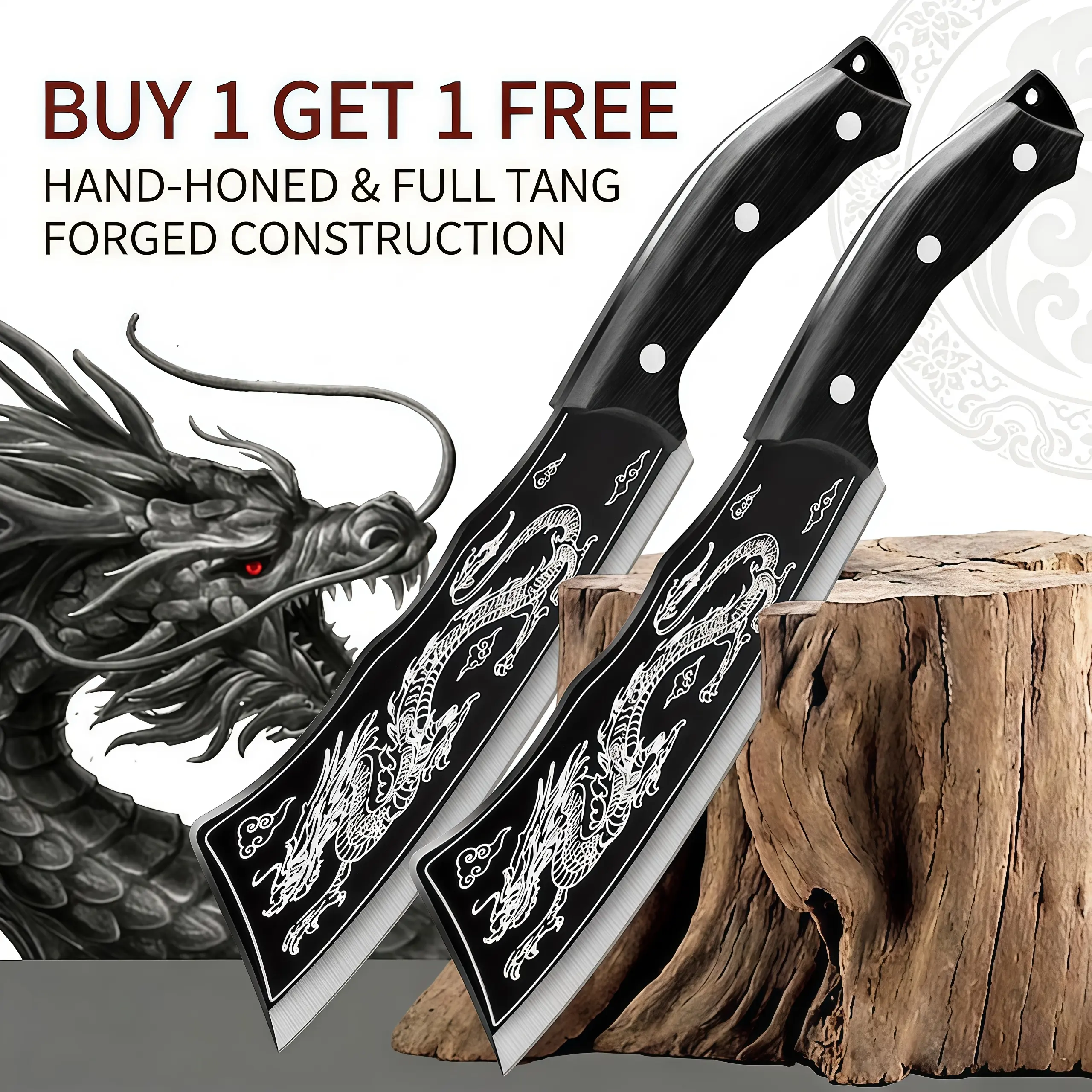 [Set of 2] Professional Carbon Steel Forged Blade Kitchen Knives - Cleaver-Shape Dragon Cleaver, Non-Stick Black Full Tang Slicing Knife for Kitchen, Outdoor Camping