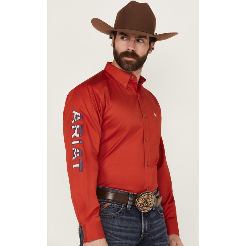 ARIAT MENS TEAM LOGO TWILL LS RED/KHAKI SHIRT- 10055236