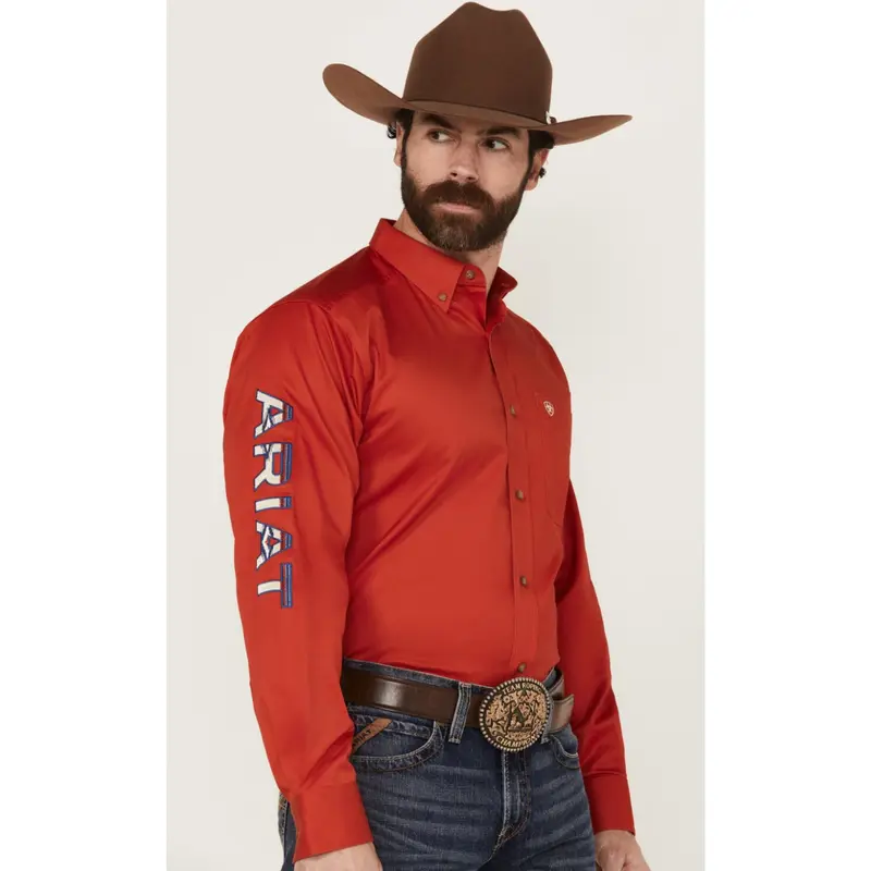 ARIAT MENS TEAM LOGO TWILL LS RED/KHAKI SHIRT- 10055236