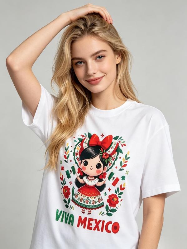 Women's Oversized Viva Mexico Cotton T-Shirt - Lady's Casual Streetwear, Cute Mexican Doll Cinco de Mayo Graphic, Comfortable Fabric, Short Sleeve Crew Neck Tee