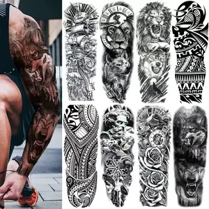 8Sheets Large Black Temporary Tattoo Stickers - Tribal Wolves, Fake Tattoo Stickers for Men & Women Arm Designs