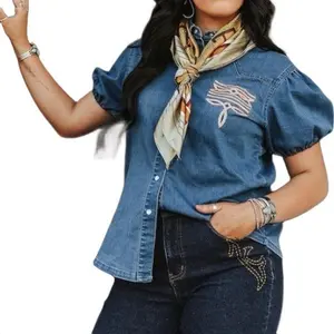 Denim Shirt with Embroidered Design and Short Sleeves for Women