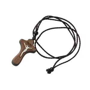 Retro Jesus Cross Necklace Wood Metal Pendant Orthodox Praying Chain Jewelry
